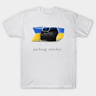 Cartoon black cat in the package and the inscription "Packing Checker". T-Shirt